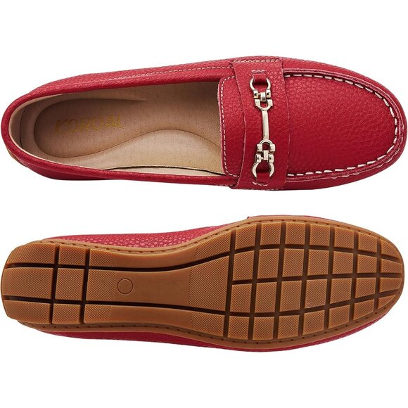 Kordal Women's Red Leather Gold Accent Buckle Slip-Ons Walking Flats Loafers - Picture 8 of 9